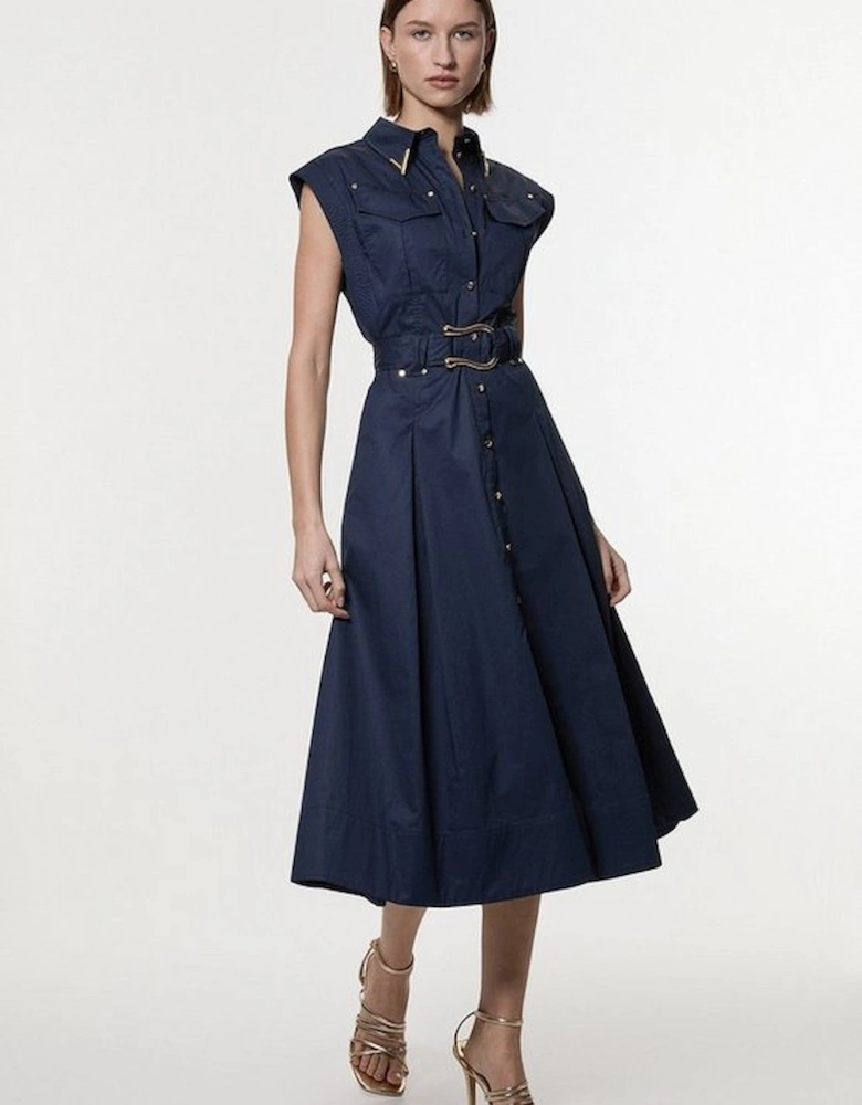 Cotton Sateen Utility Top Stitch Detail Woven Dress With Gold Hardware