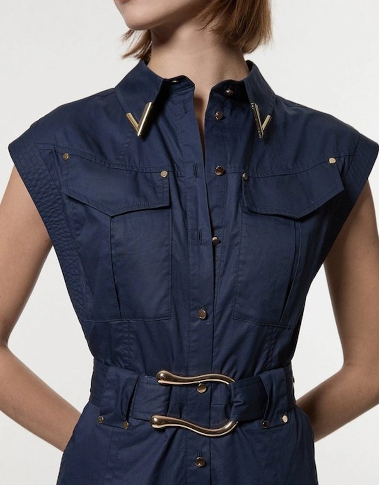 Cotton Sateen Utility Top Stitch Detail Woven Dress With Gold Hardware