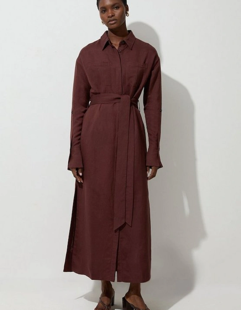 Viscose Linen Woven Belted Shirt Midi Dress