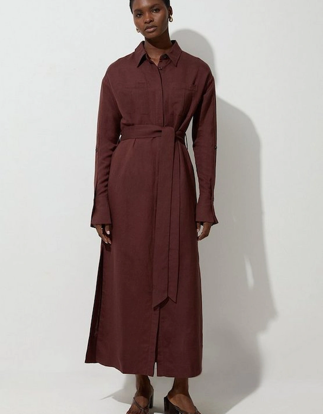 Viscose Linen Woven Belted Shirt Midi Dress, 4 of 3