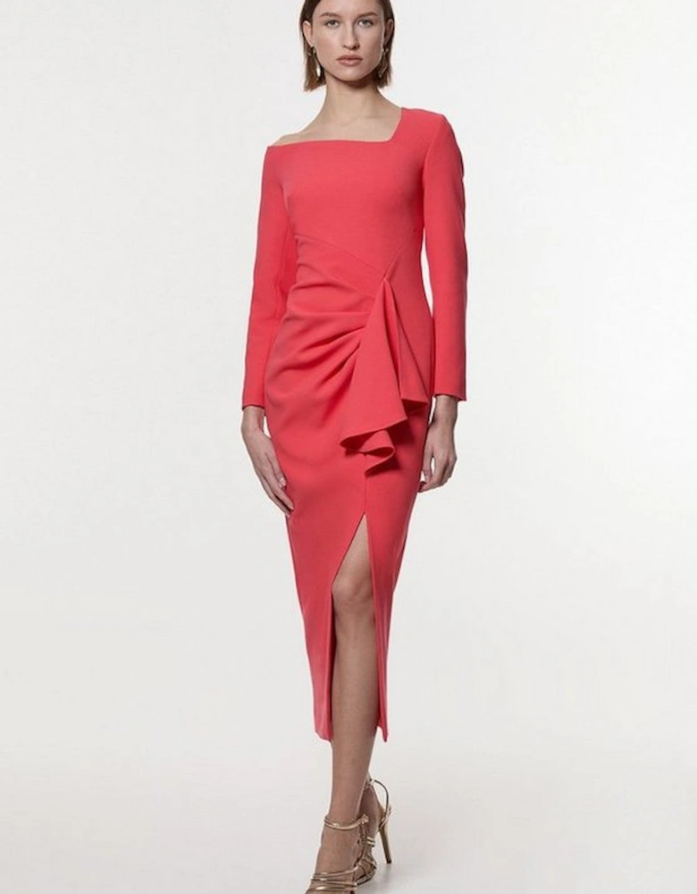 Compact Stretch Asymmetric Neckline Draped Midi Dress