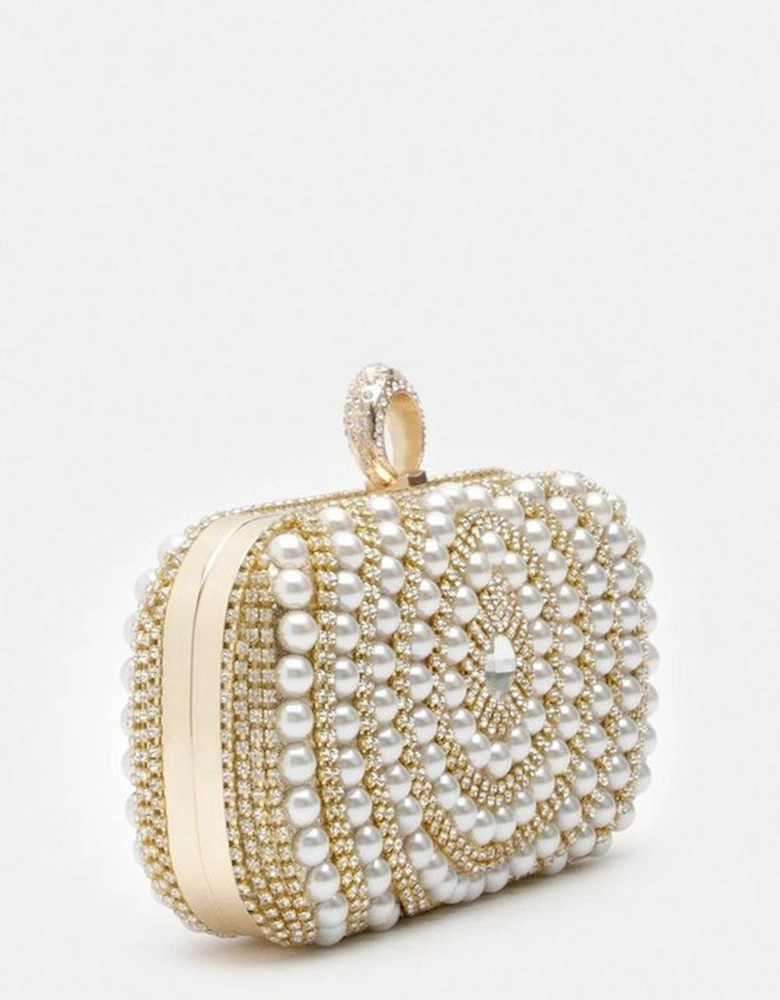 Golden Oval Pearl Detailed Embellished Clutch Bag