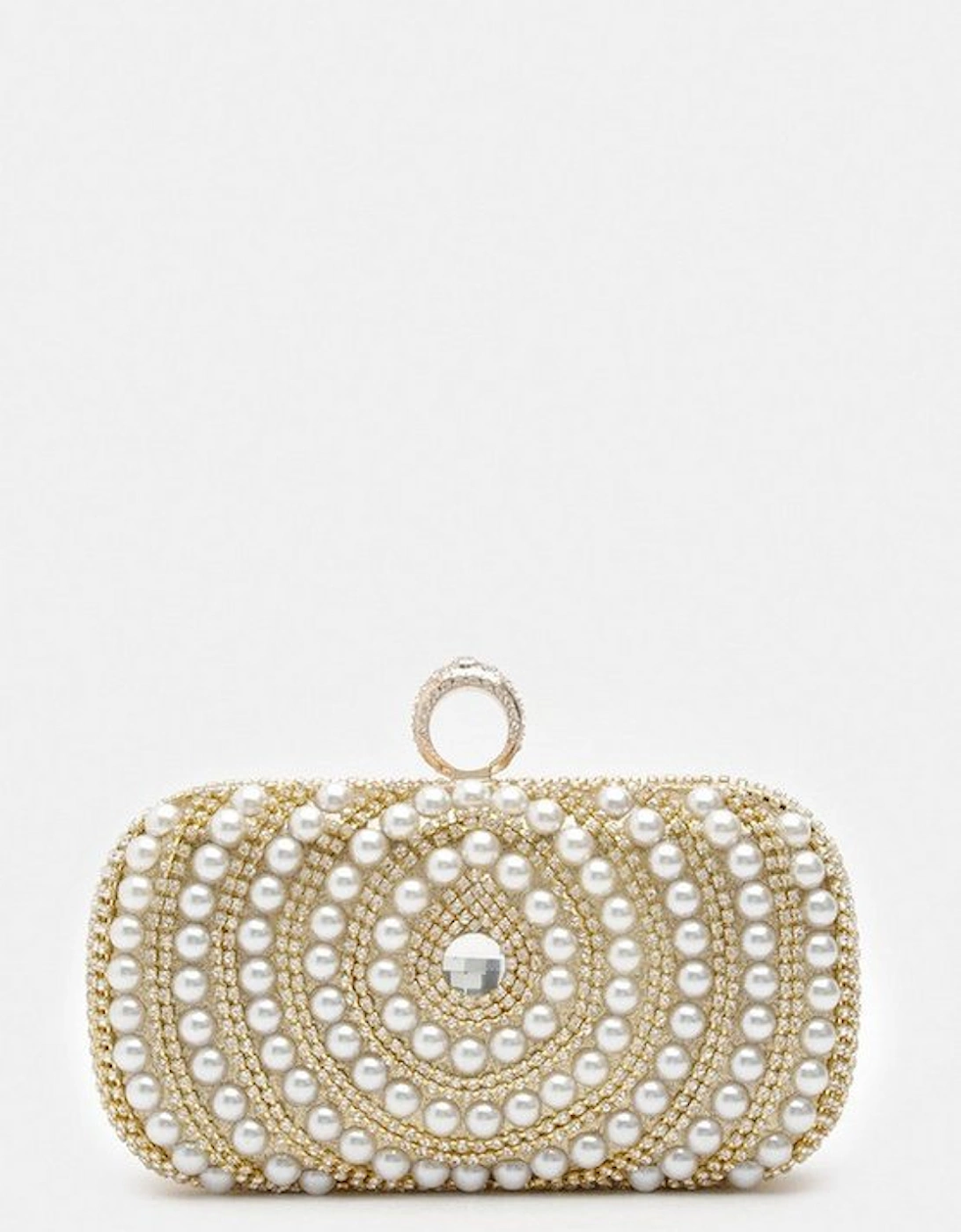 Golden Oval Pearl Detailed Embellished Clutch Bag