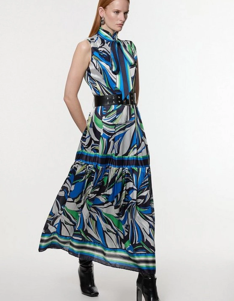 Floral Printed Woven Sleeveless Tie Neck Maxi Dress