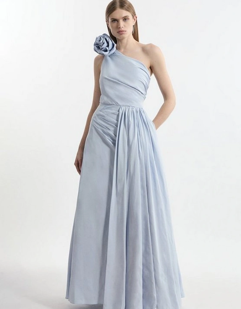 Petite Taffeta Rosette Neck Tailored Pleat Gathered Maxi Dress