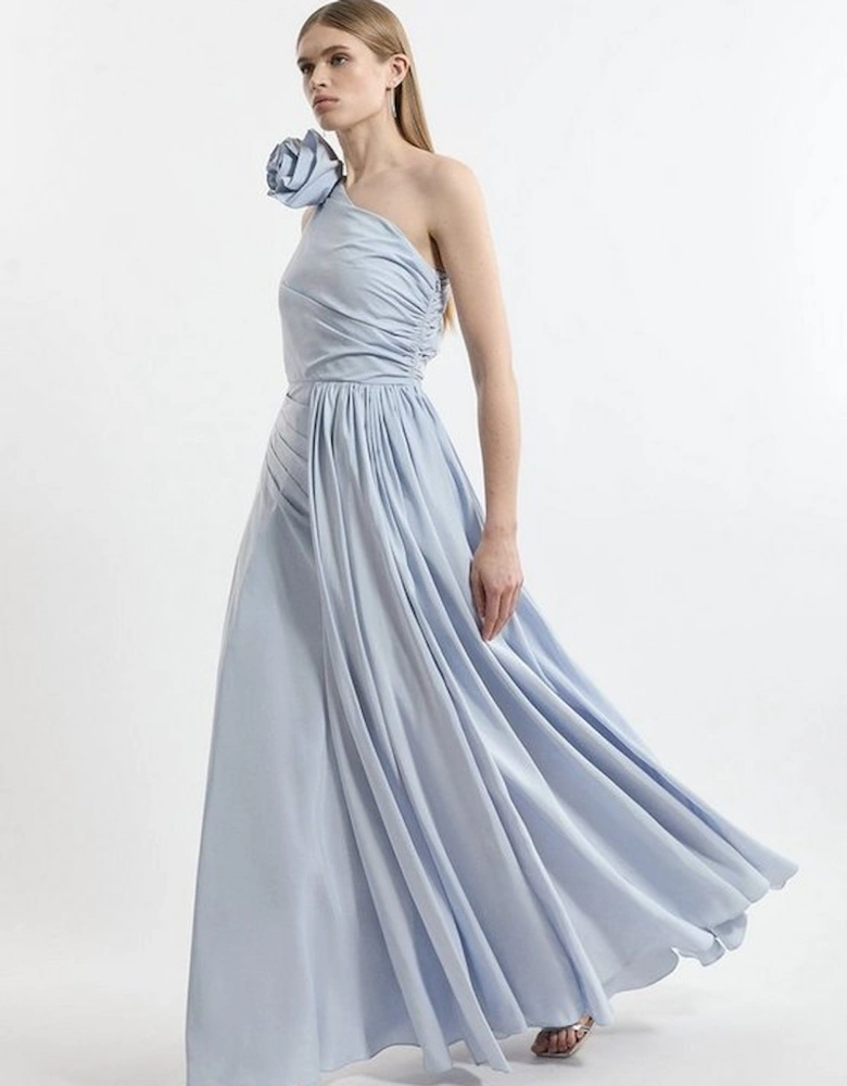 Petite Taffeta Rosette Neck Tailored Pleat Gathered Maxi Dress