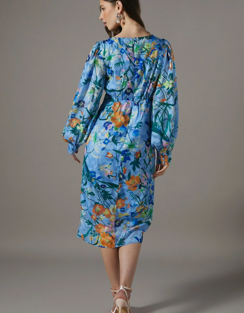 Printed Tie Front Wrap Jacquard Dress