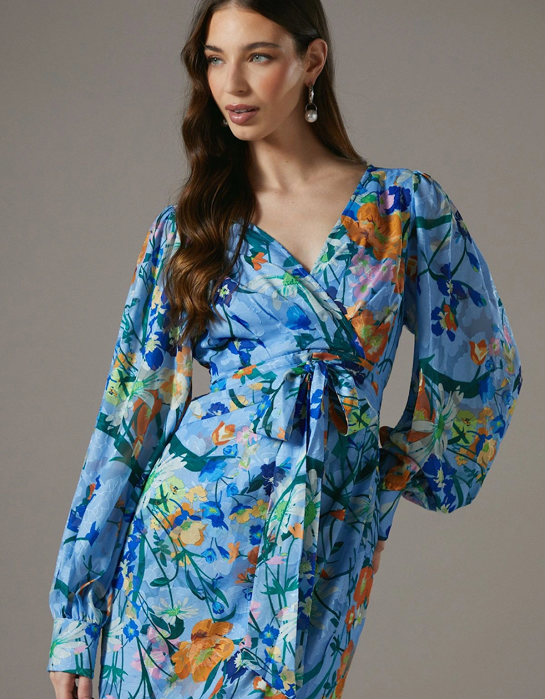 Printed Tie Front Wrap Jacquard Dress