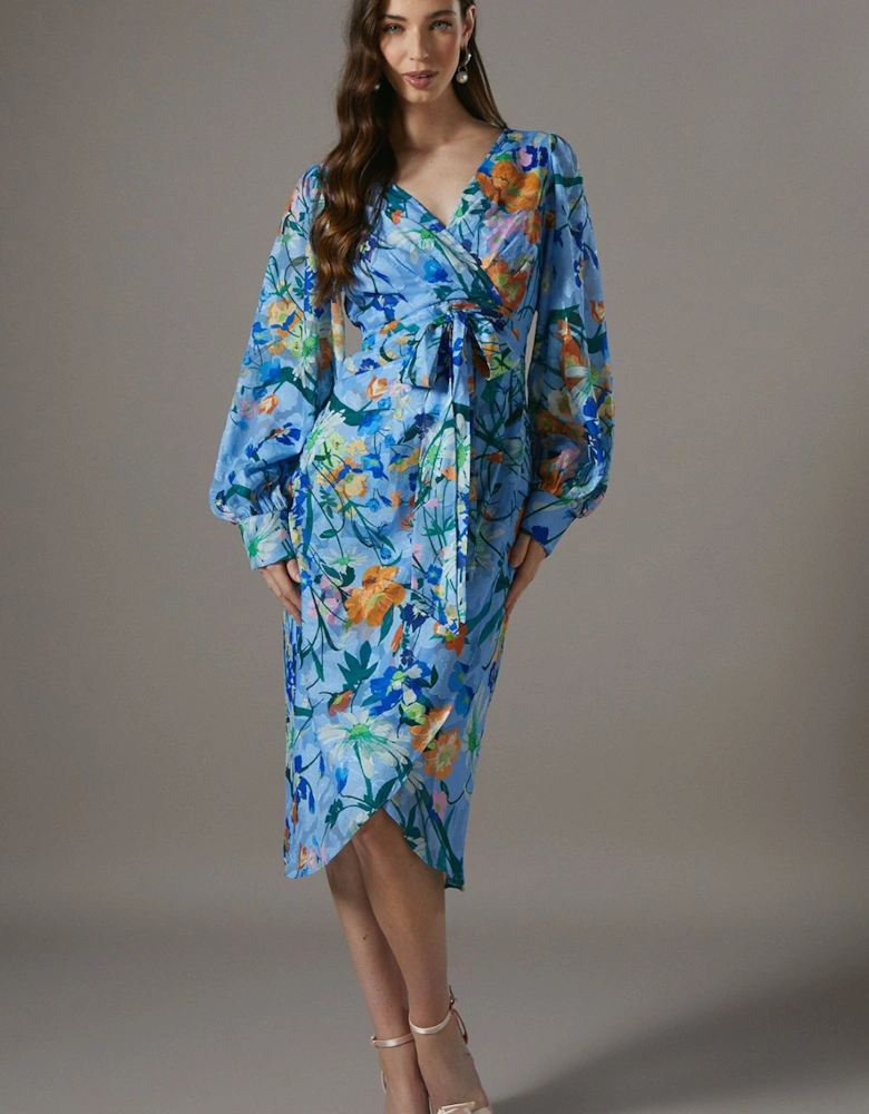 Printed Tie Front Wrap Jacquard Dress