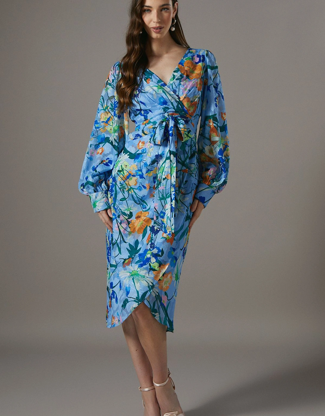 Printed Tie Front Wrap Jacquard Dress, 6 of 5