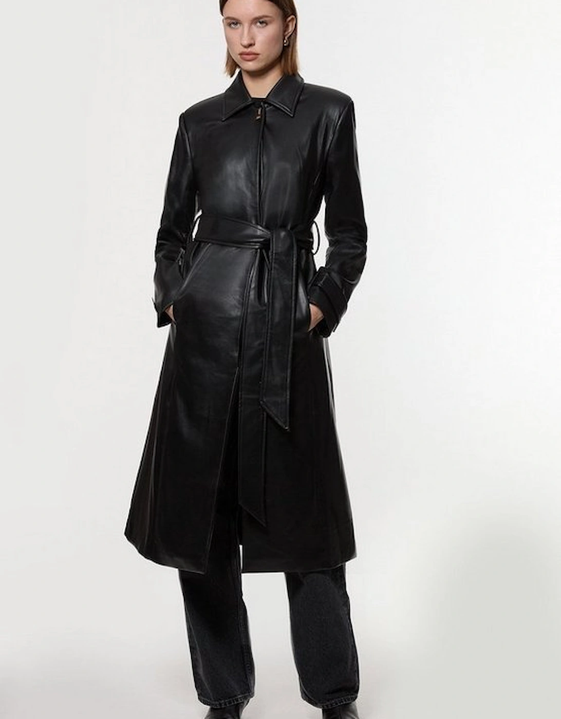 Faux Leather Clasp Detail Clean Tailored Trench Coat, 4 of 3