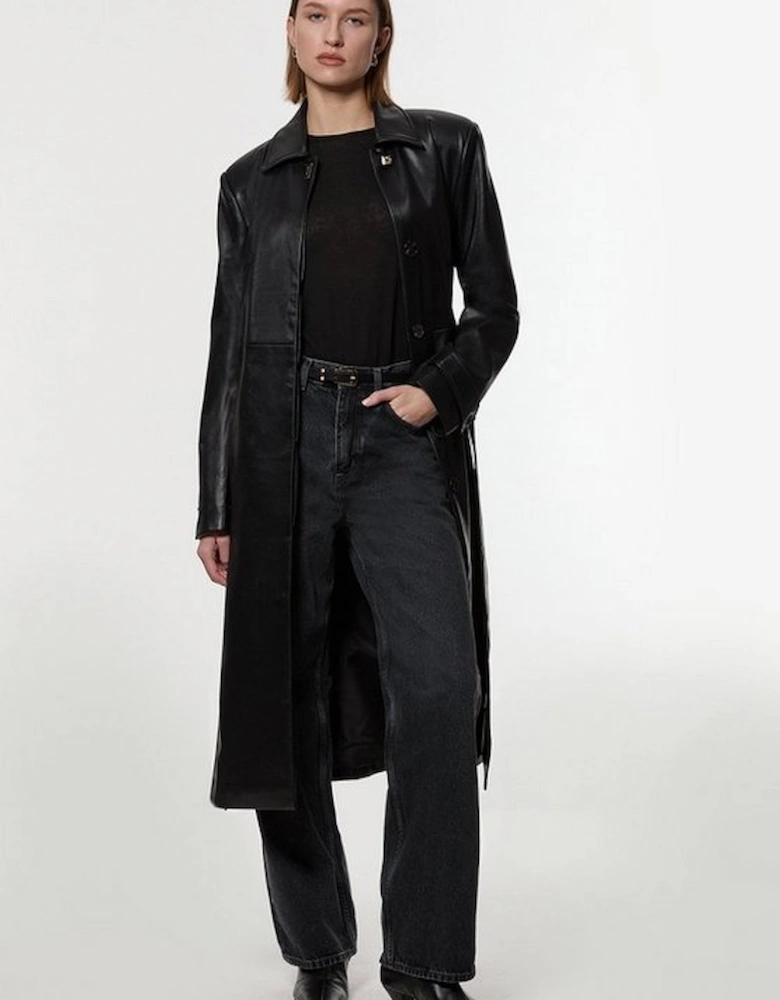 Faux Leather Clasp Detail Clean Tailored Trench Coat