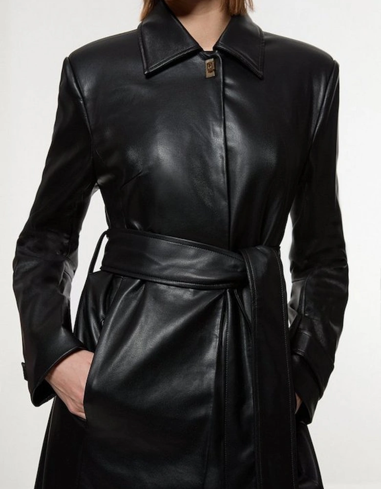 Faux Leather Clasp Detail Clean Tailored Trench Coat