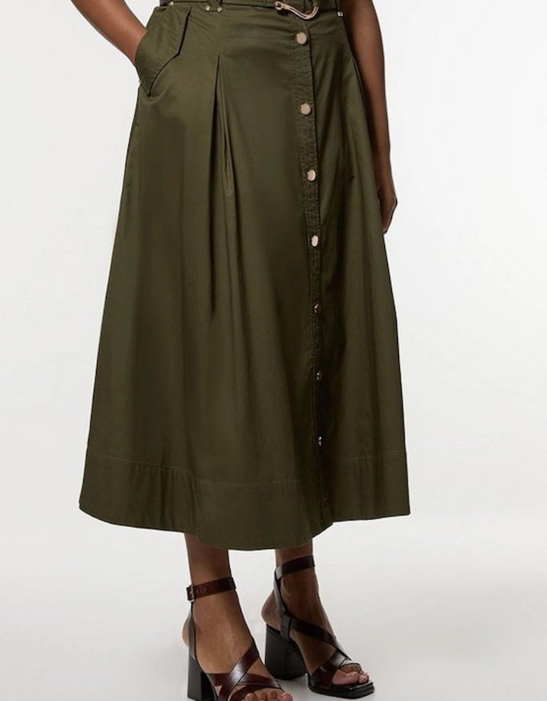 Plus Size Cotton Sateen Belt Detail Midi Skirt