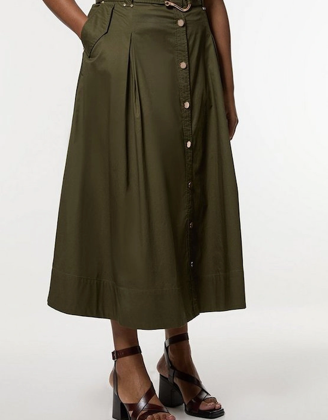 Plus Size Cotton Sateen Belt Detail Midi Skirt