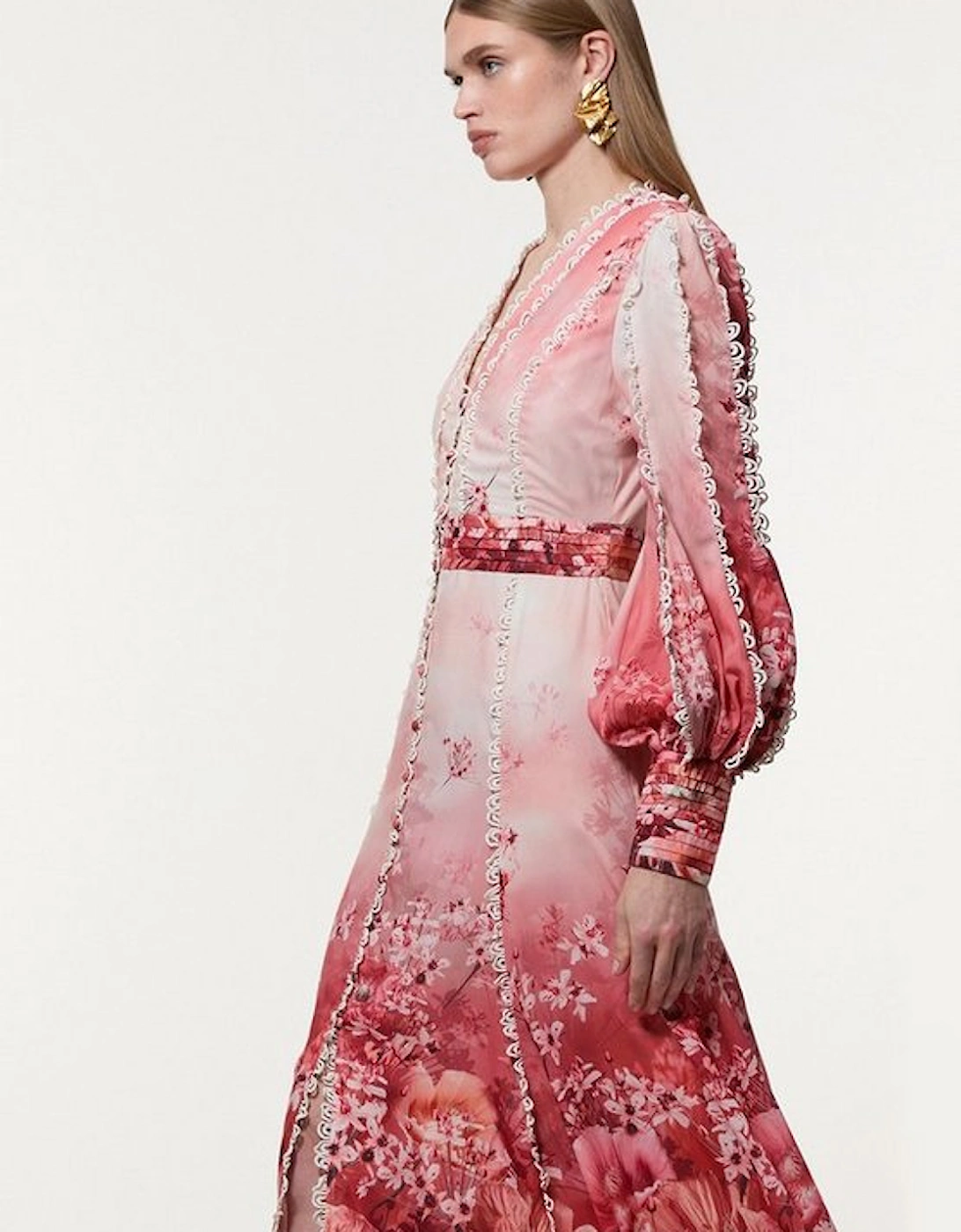 Trailing Floral Woven Plunge Balloon Sleeve Maxi Dress