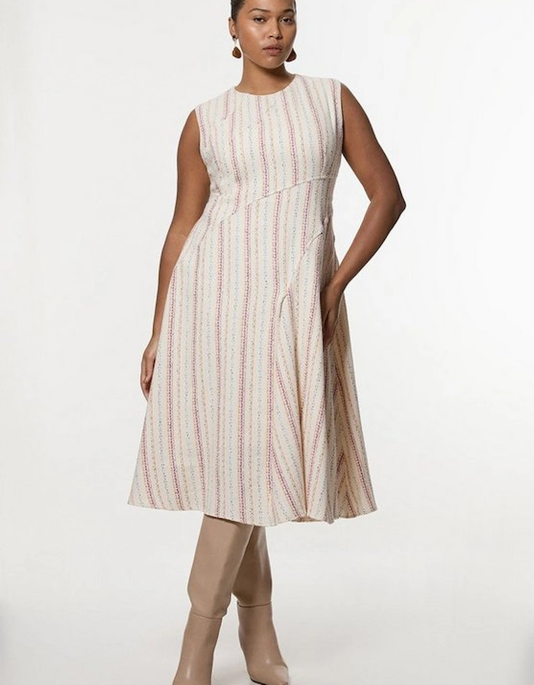 Plus Size Premium Woven Stripe Tailored A-Line Midi Dress