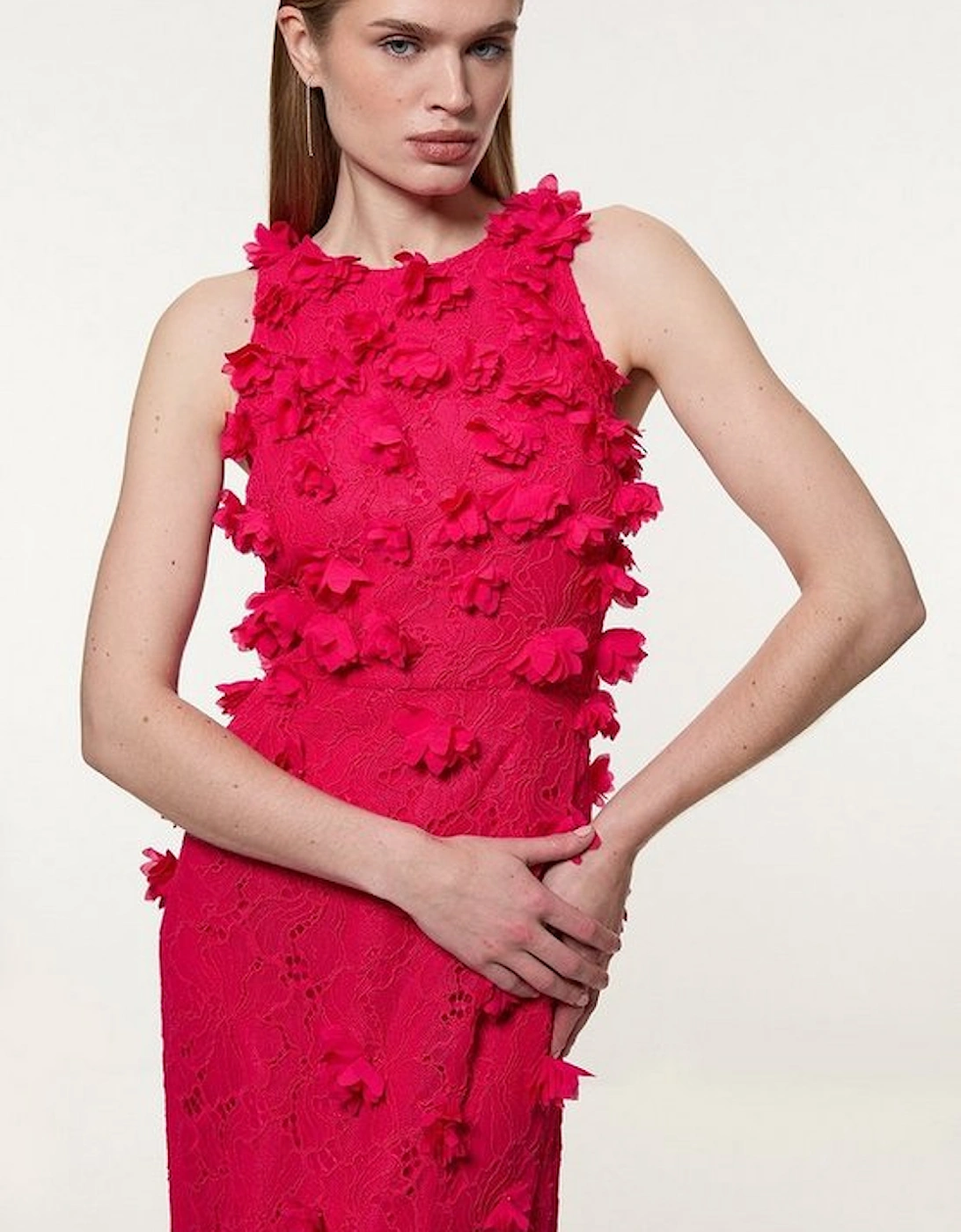 Petal Applique Lace Woven Midi Dress