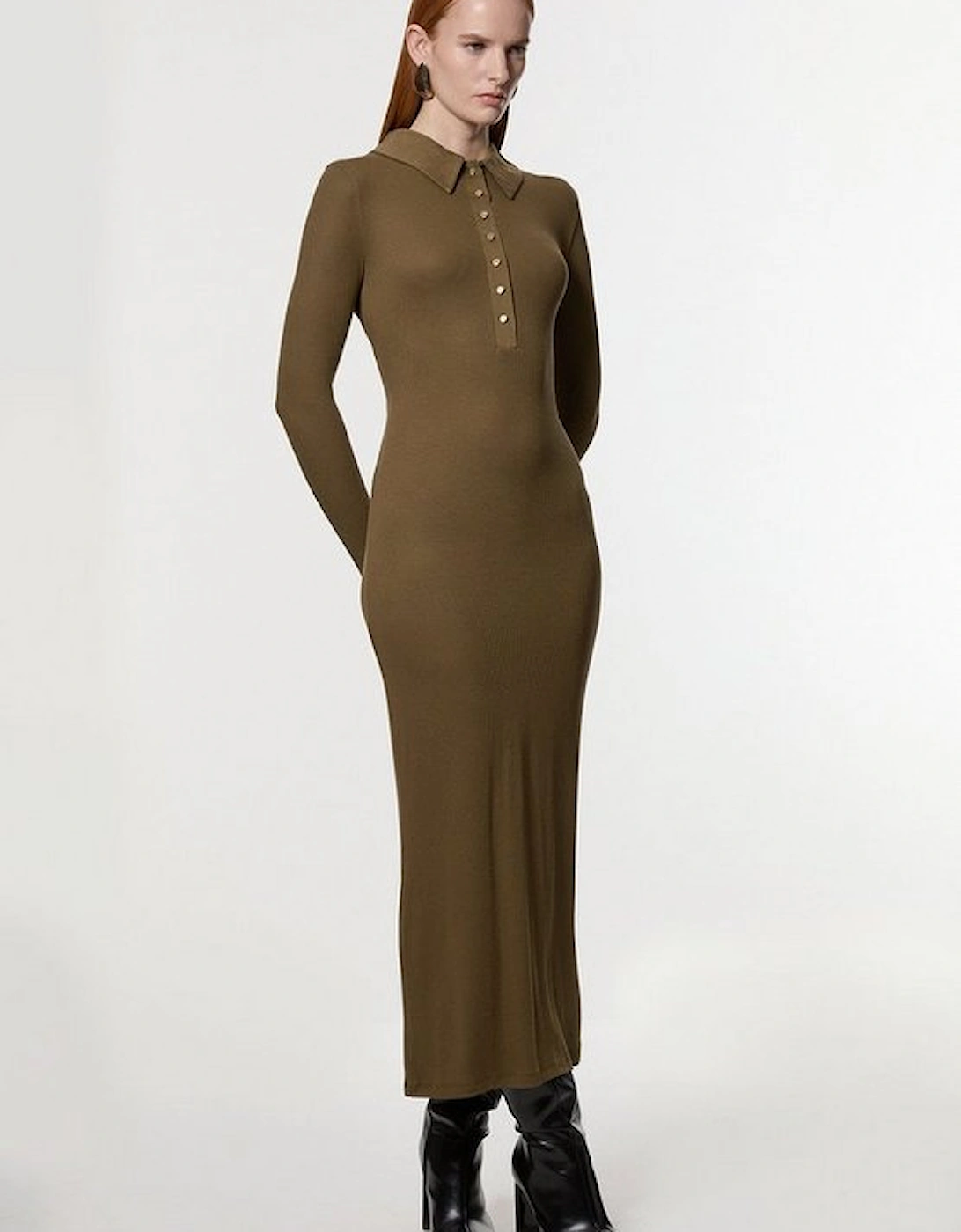 Viscose Rib Jersey Long Sleeve Collared Midi Dress, 5 of 4