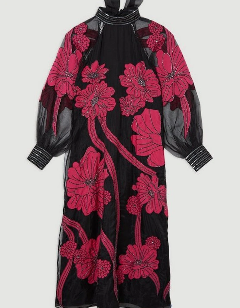 Plus Size Applique Organdie Floral Graphic Maxi Dress