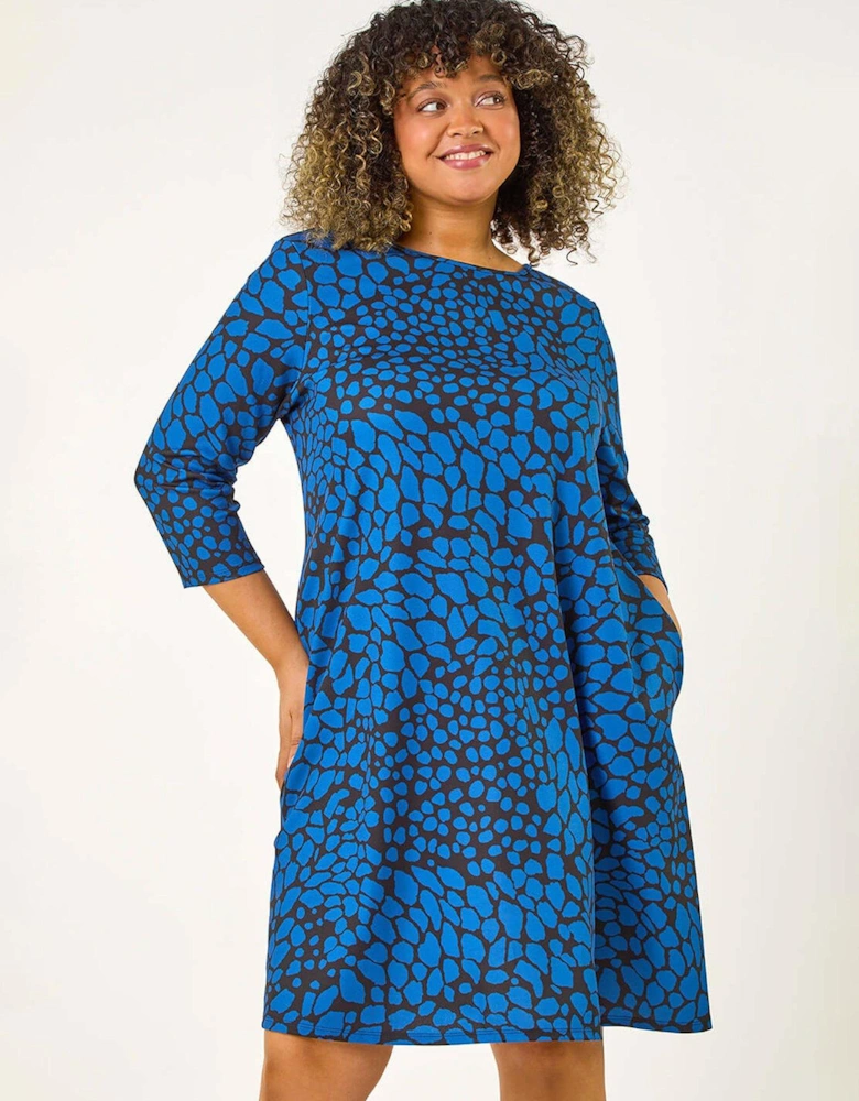 Curve Abstract Print Stretch Swing Dress - Royal Blue