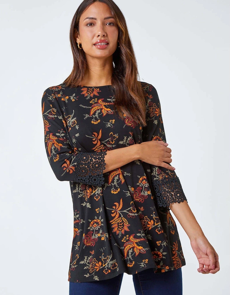 Paisley Print Lace Trim Stretch Top - Ochre