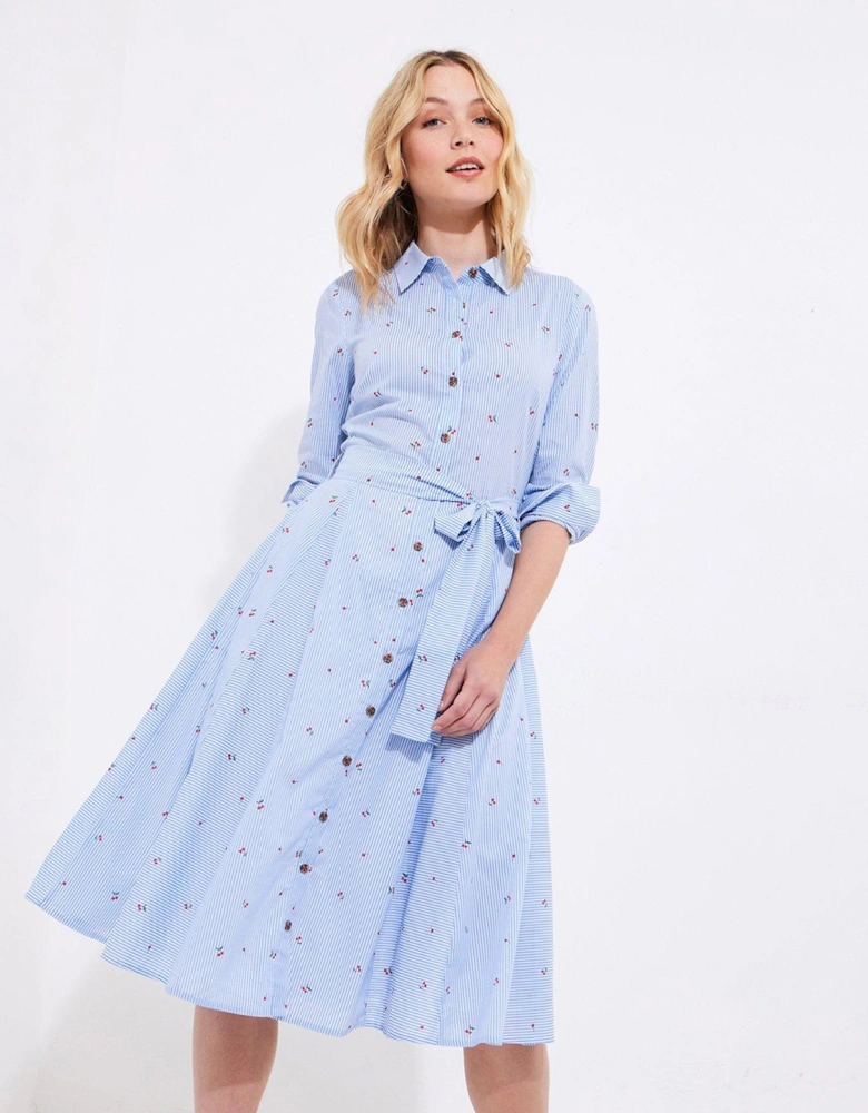 Charming Cherry Cotton Shirt Dress - Blue