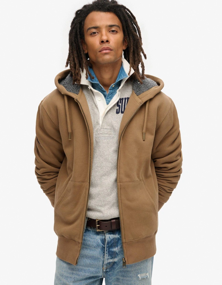 Borg Lined Zip Hood Jacket - Brown