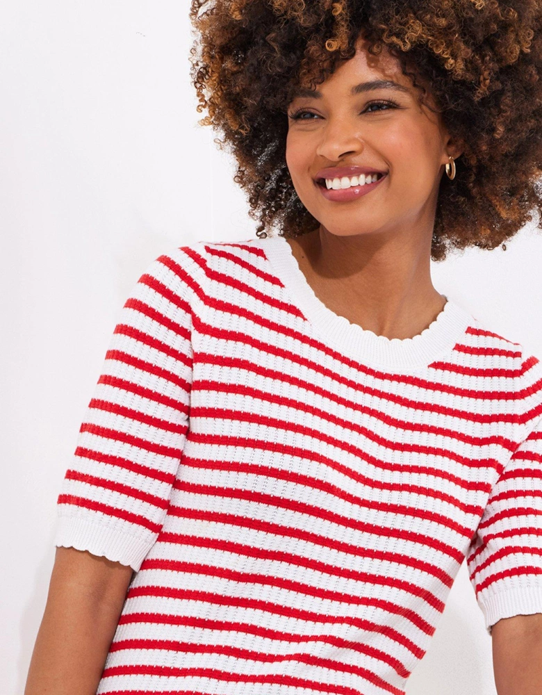 Lucie Stripe Short Sleeve Knitted Top - Red