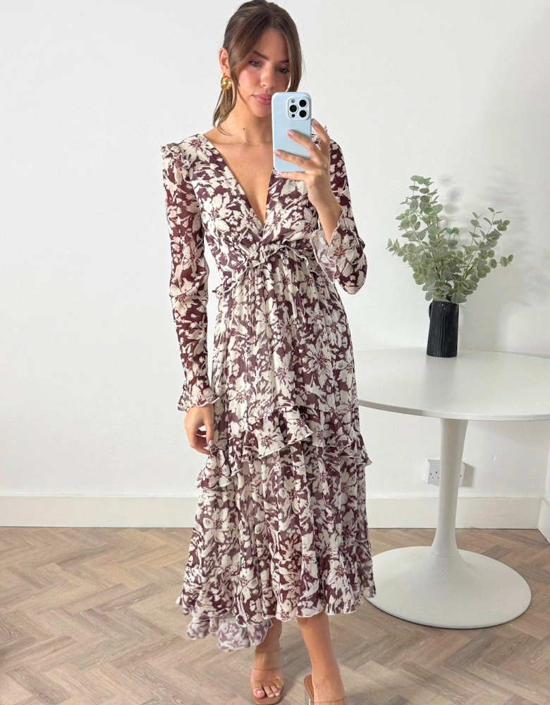 Floral Print Ruffle Midi Dress - Brown