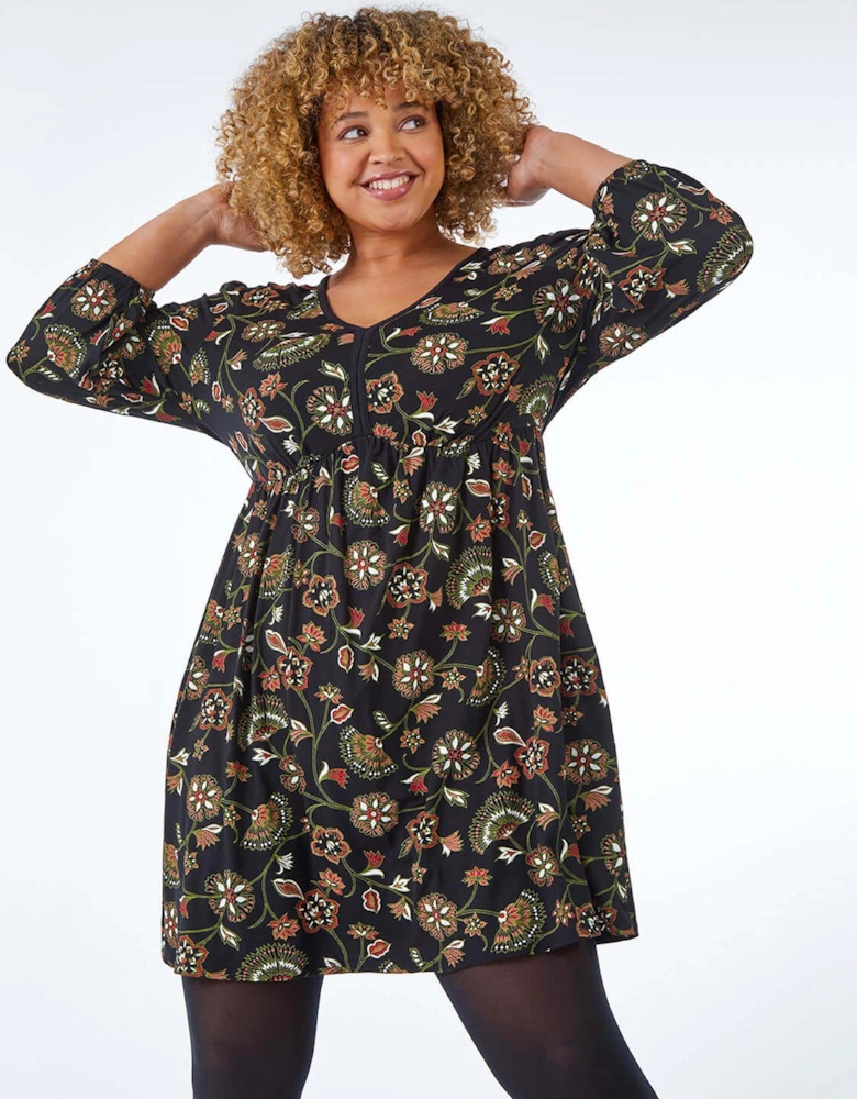 Curve Floral Stretch Dress - Black