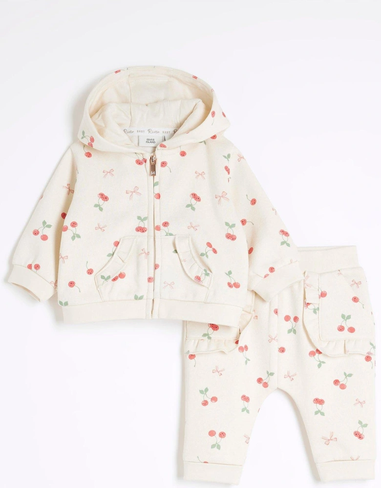 Baby Girls Cherry Zip Hoodie Set - Beige