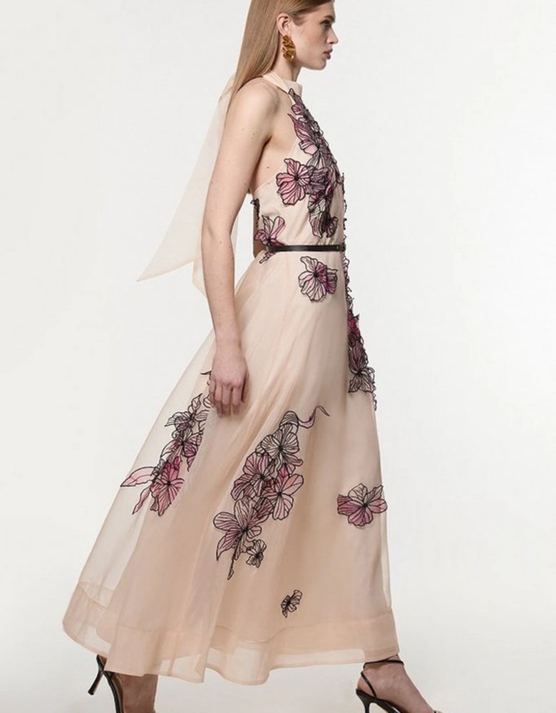 Floral Applique Organdie Woven Halter Neck Maxi Dress