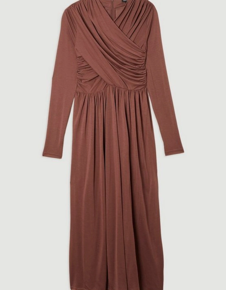 Jersey Crepe Ruched Long Sleeve Maxi Dress