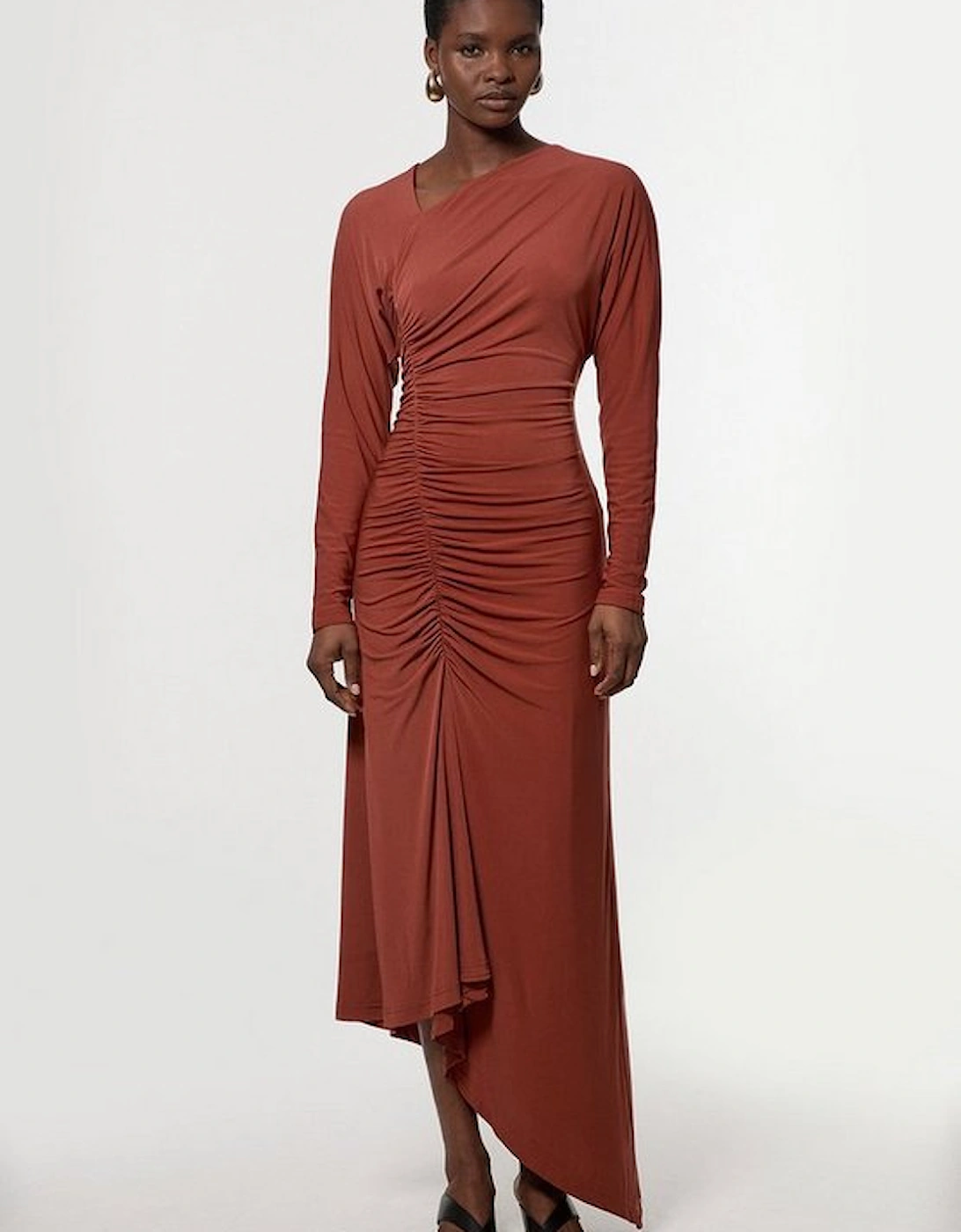 Jersey Crepe Ruched Long Sleeve Maxi Dress