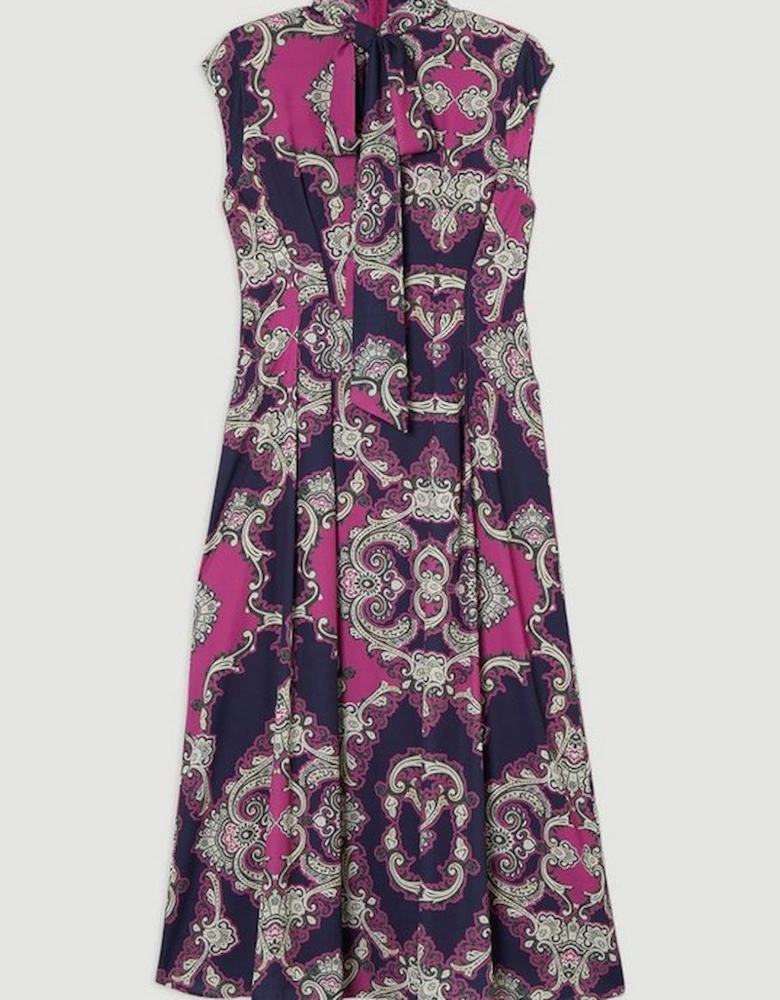 Tile Print Georgette Woven Sleeveless Pleated Maxi Dress