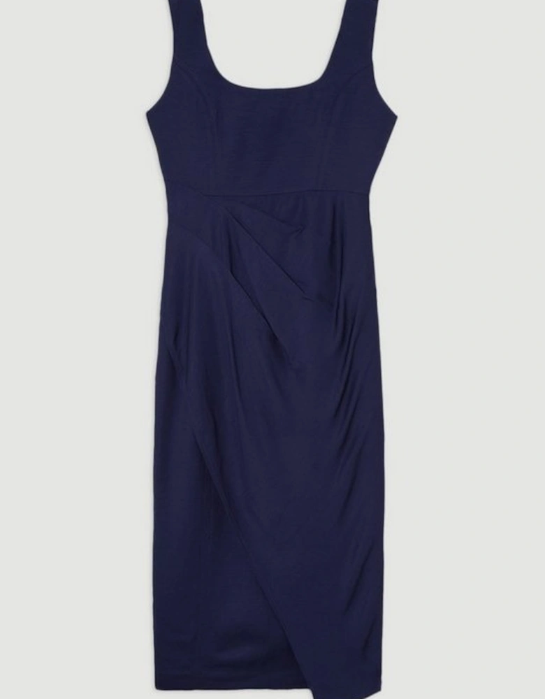 Tailored Viscose Linen Strappy Pleat Detail Midi Dress