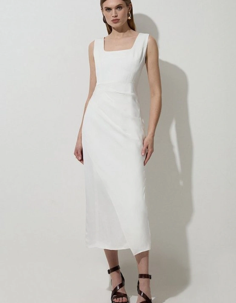 Tailored Viscose Linen Strappy Pleat Detail Midi Dress