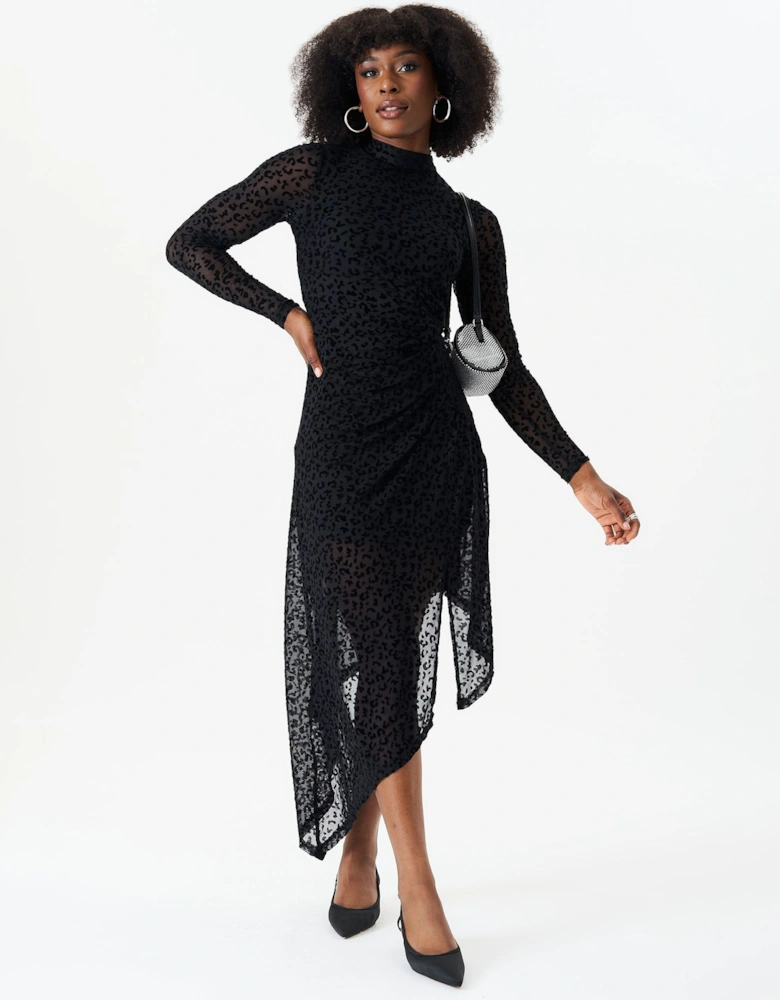 Black Animal Devore High Neck Midi Dress