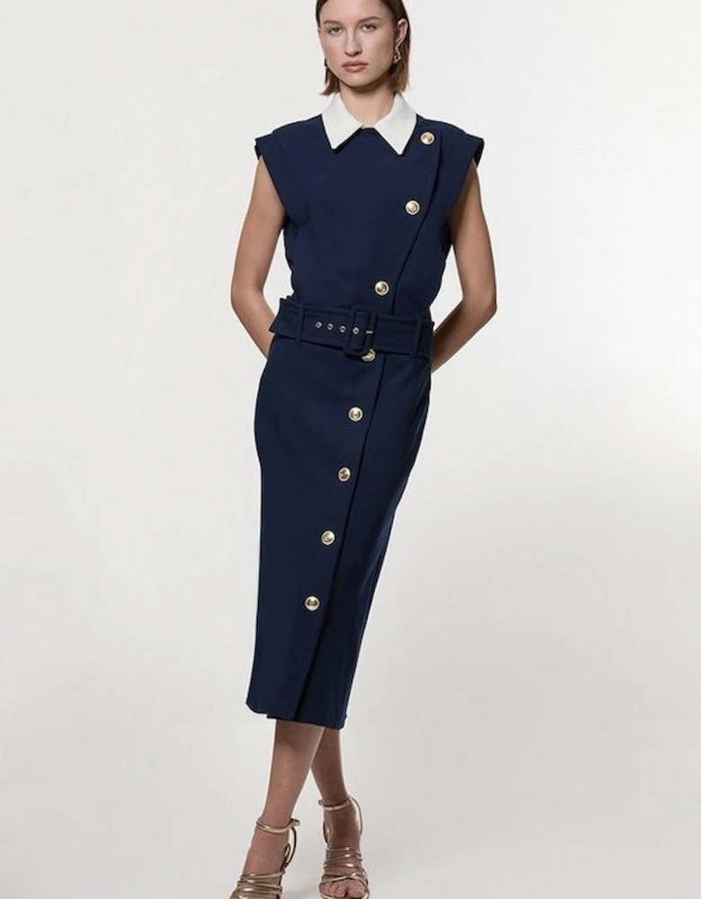 Compact Stretch Tailored Contrast Collar Pencil Midi Dress