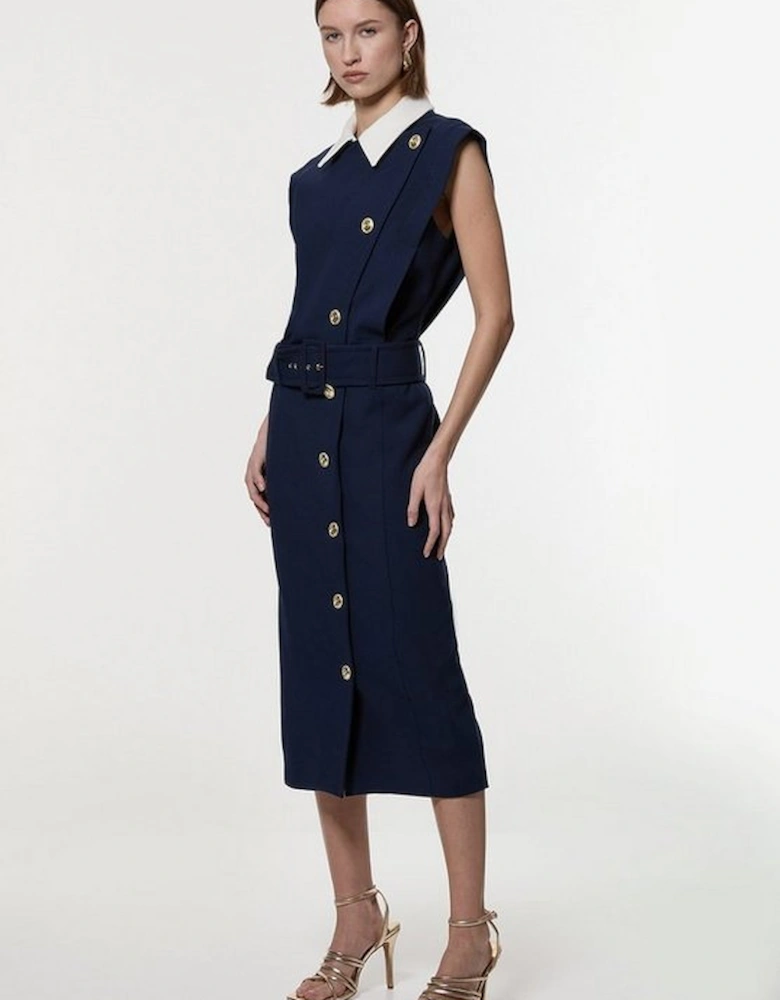 Compact Stretch Tailored Contrast Collar Pencil Midi Dress