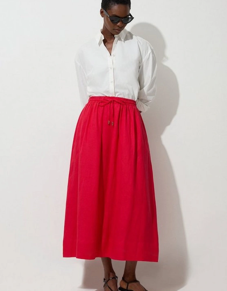 Viscose Linen Tie Waist Woven Full Midi Skirt