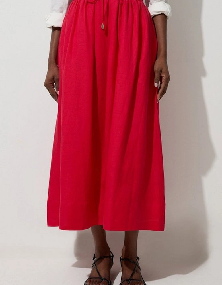 Viscose Linen Tie Waist Woven Full Midi Skirt