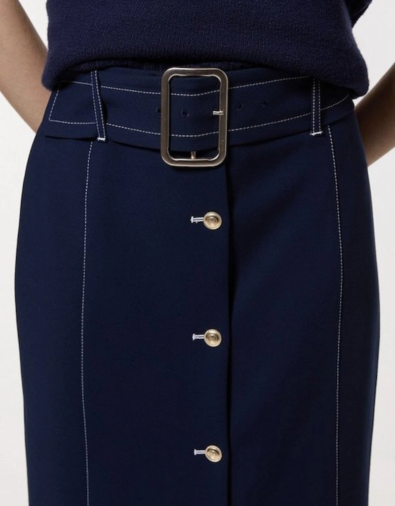 Compact Stretch Tailored Belted Pencil Midi Skirt