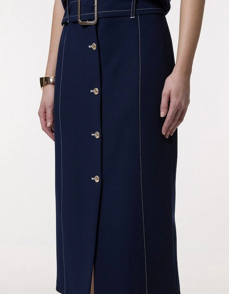 Compact Stretch Tailored Belted Pencil Midi Skirt