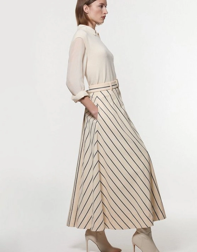 Cotton Stripe Belted Woven Maxi Skirt