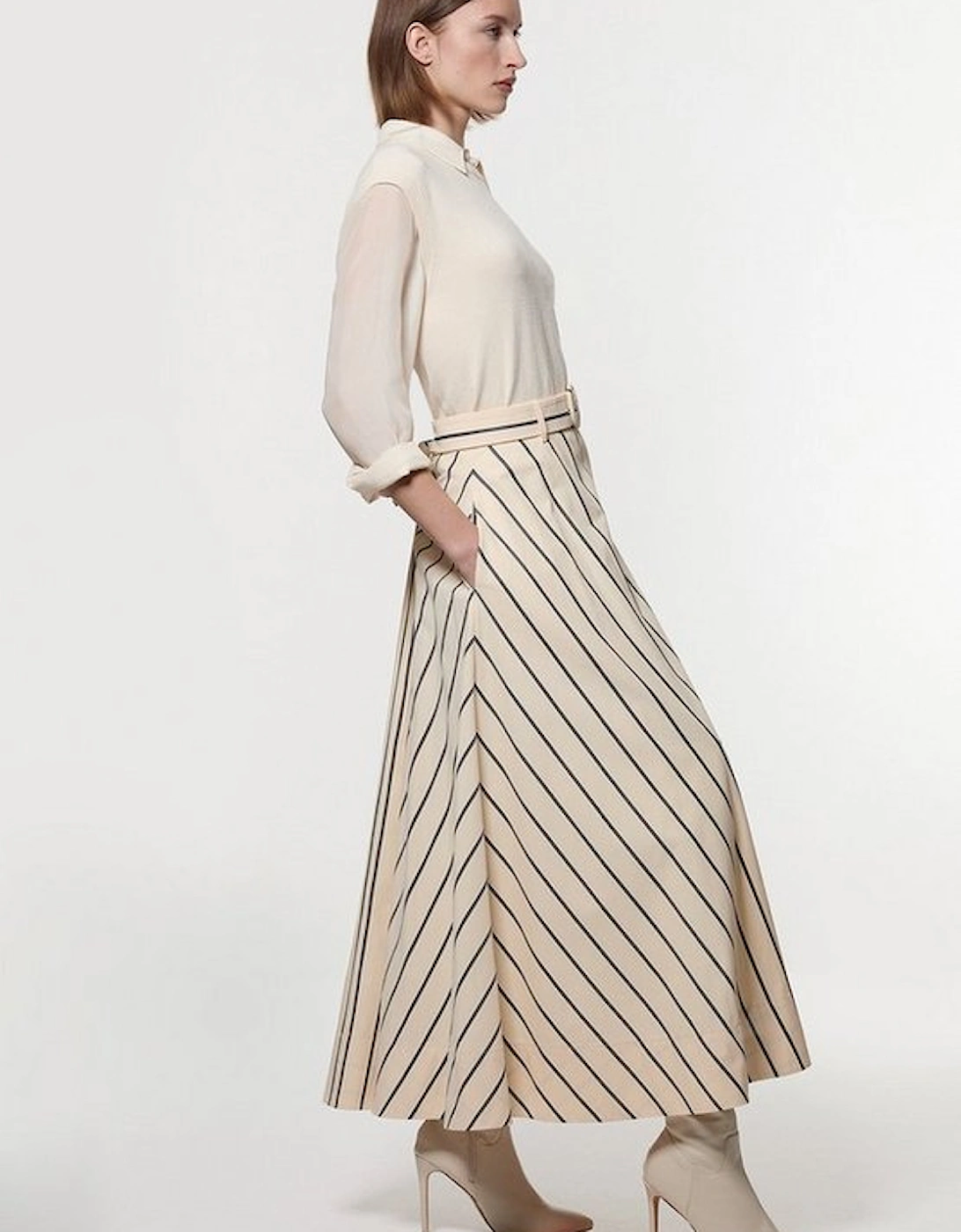 Cotton Stripe Belted Woven Maxi Skirt, 4 of 3