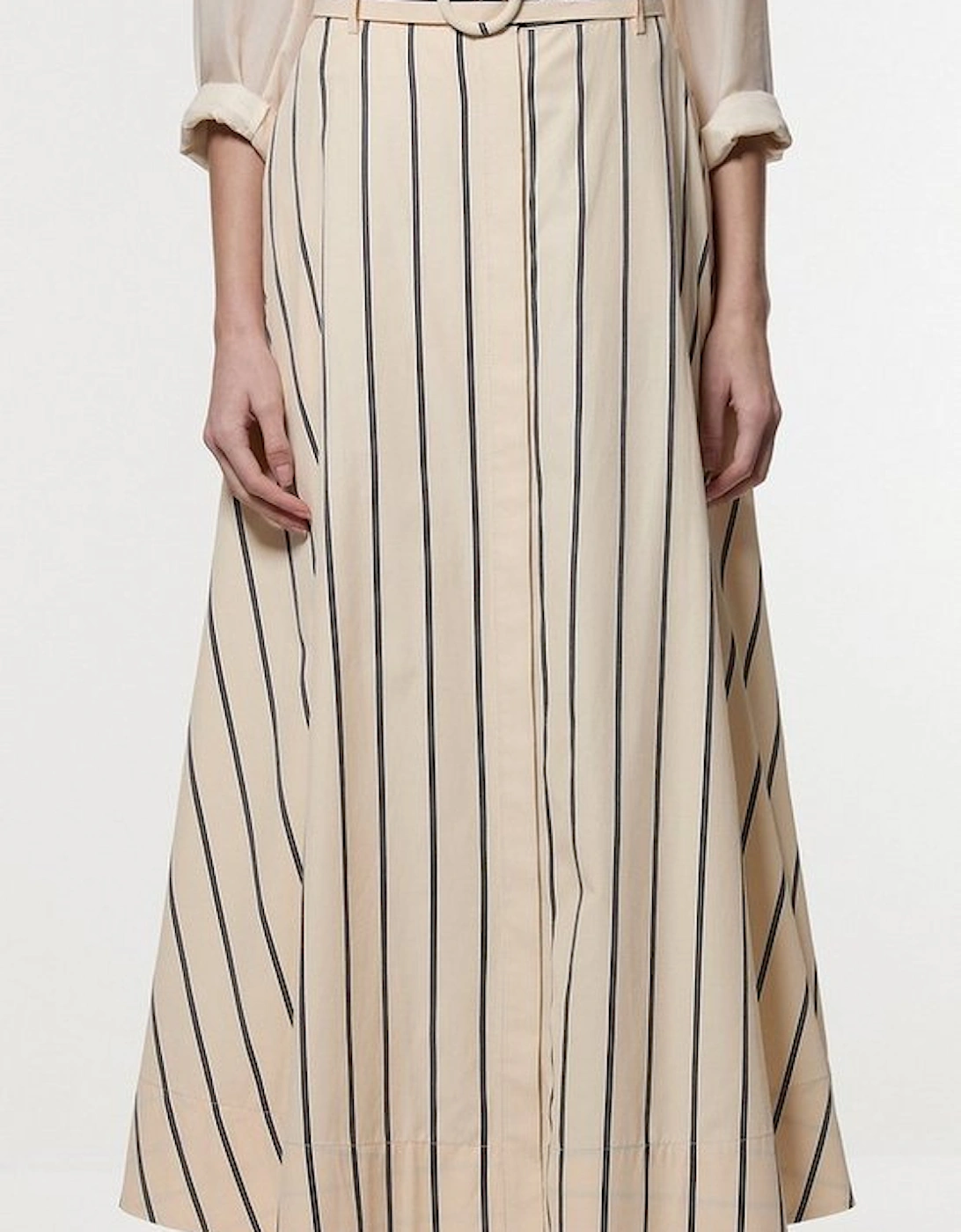 Cotton Stripe Belted Woven Maxi Skirt