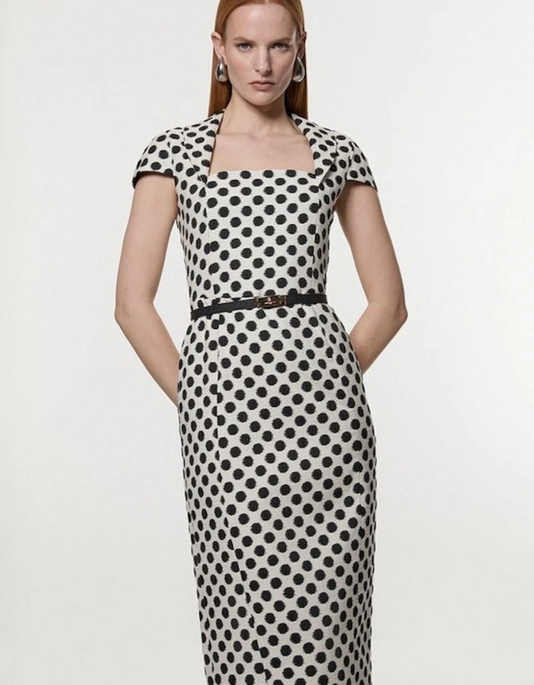 Spot Jacquard Square Neck Tailored Pencil Midi Dress