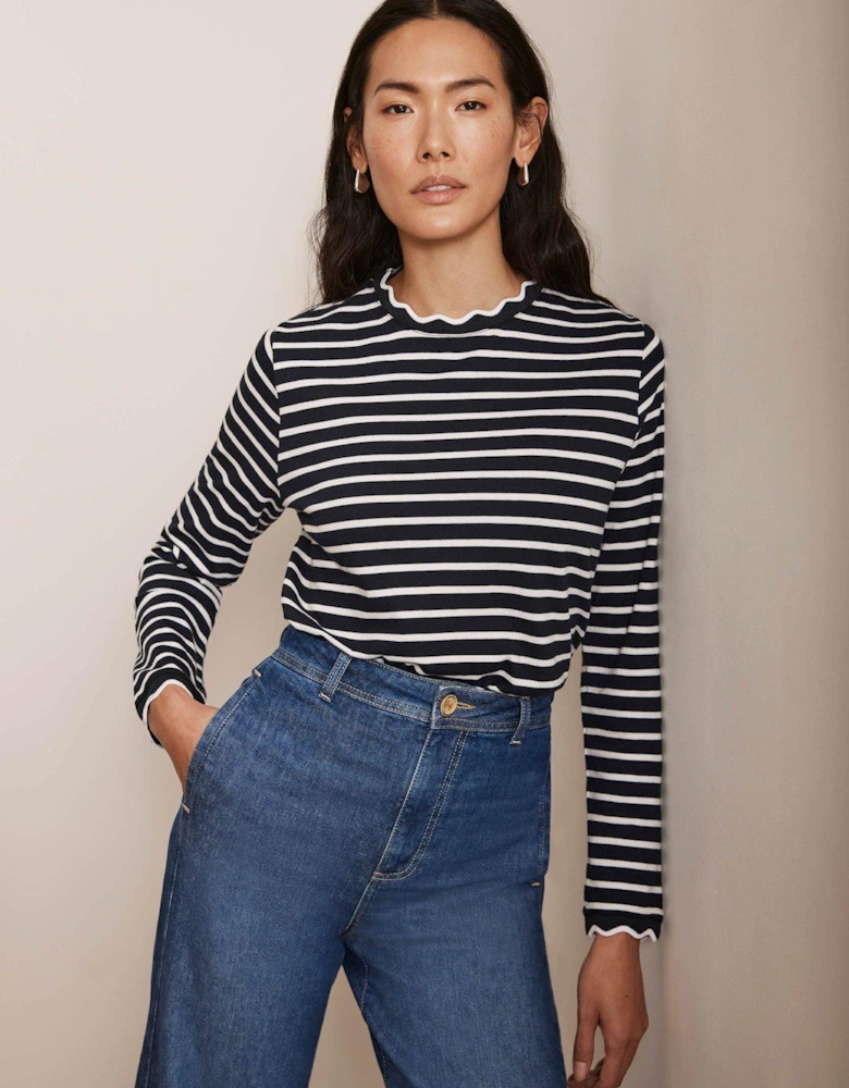 Striped Ruffle Trim Top - Navy